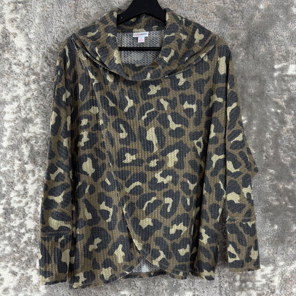 LulaRoe Sz S Kristen Leopard Animal Print Waffle Knit Cowl Neck Pullover Sweater